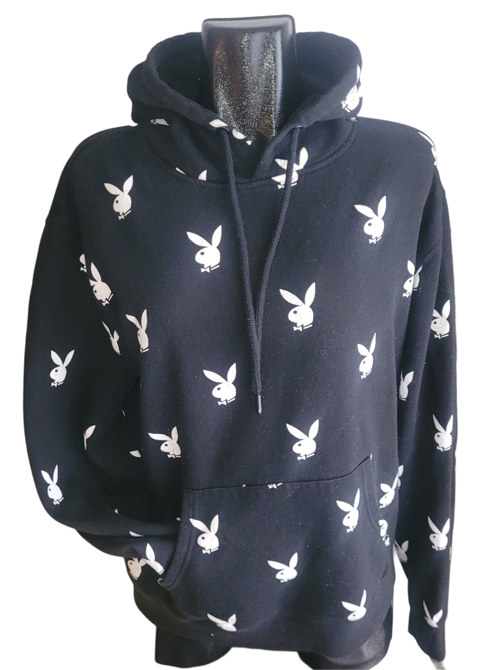 Playboy Black Logo-Print Unisex Pullover Hoodie With Back Logo Hemline Size M